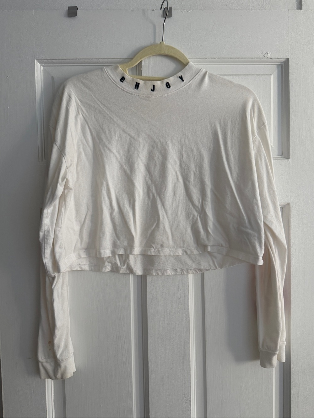 Coca Cola White Cropped Long-Sleeve Top with 'ENJOY' Neck Detail